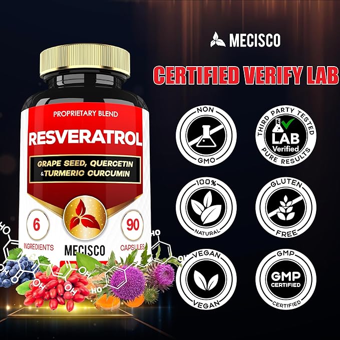 Mecisco Trans Resveratrol Supplement with Grape Seed, Milk Thistle, and More - Resveratrol - 6 Herbal Supports for Immune System, Heart Health, Body Management - 90 Capsules