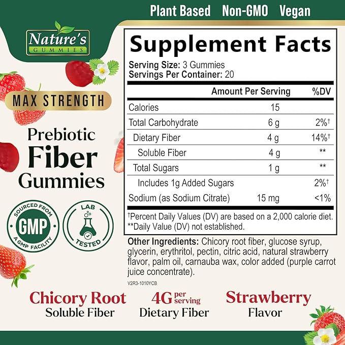 Prebiotic Fiber Gummies - 4g Dietary Fiber Per Serving - Extra Strength Daily Supplement for Adults - Tasty Strawberry Flavor - Plant Based Digestive and Regularity Support - 60 Gummies