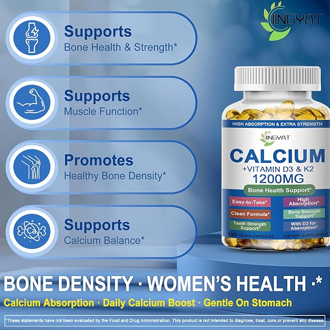 Calcium Supplements for Women - Calcium 1200 mg with Vitamin D3 & K2 - High Absorption Extra Strength Calcium Citrate for Bone Health, Strength, Density, Muscle, Heart Support - Slow Release, Non-GMO