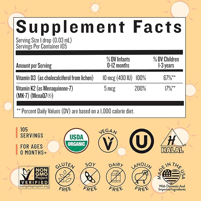 Legendairy Milk Vitamin D Drops for Infants, Organic Baby Vitamin D3 K2 Liquid 400 IU, Vegan for Newborns Toddlers & Kids, Childrens Supplement for Strong Bones & Teeth, Sugar Free, 90 Servings