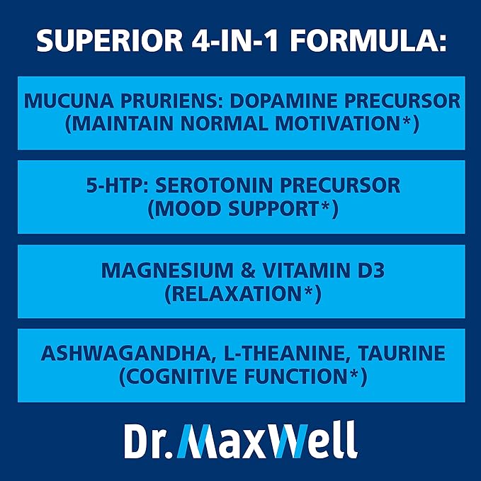 Serotonin and Dopamine Supplements, Better Than Dopamine or Serotonin Support Only. Helps Maintain Normal Neurotransmitter Levels. Mucuna Pruriens, 5-HTP, 60 Capsules Women Men