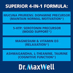 Serotonin and Dopamine Supplements, Better Than Dopamine or Serotonin Support Only. Helps Maintain Normal Neurotransmitter Levels. Mucuna Pruriens, 5-HTP, 60 Capsules Women Men