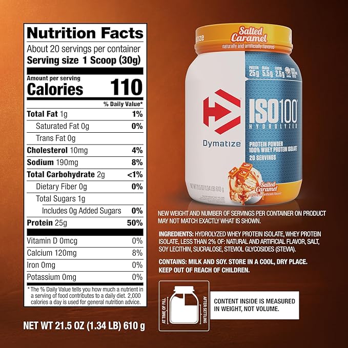 Dymatize ISO100 Whey Protein Powder Isolate, Salted Caramel, 25g of Protein, 5.5g BCAAs, Less Than 120 Cal., Gluten Free, 1g Fat, 1g Sugar, 2g Carb (20 Servings)