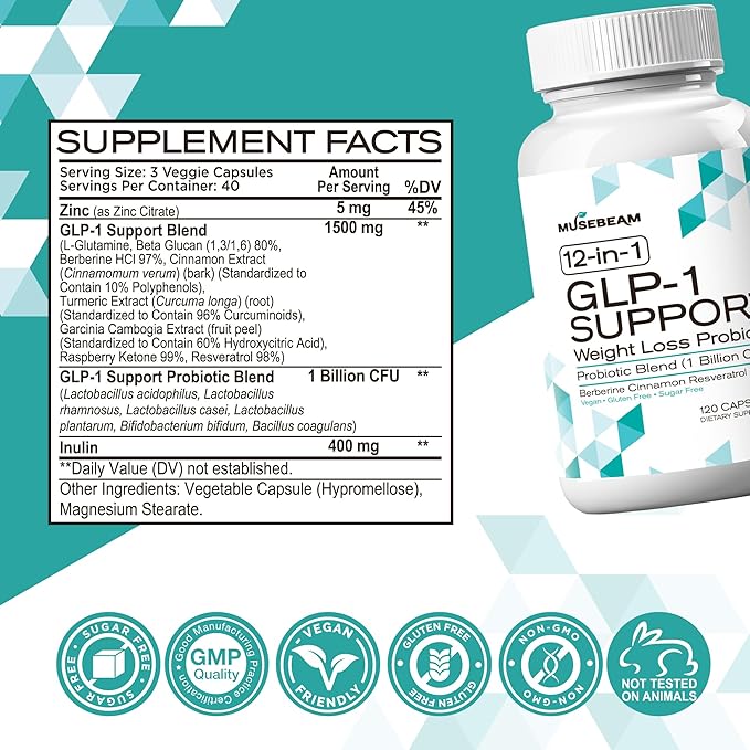 GLP-1 Support Probiotic Weight Loss Supplement - Women Men GLP1 Support with Berberine - Appetite Suppressant Hunger Control Metabolism Fat Burn & Gut Health Support