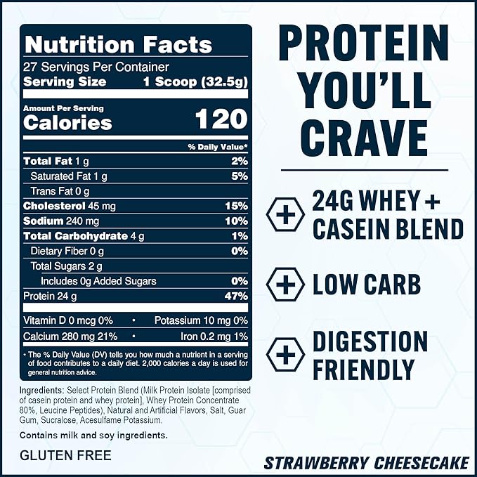 PEScience Select Protein Powder, Whey and Casein Blend, Gluten Free, Low Carb Protein Powder for Women and Men, Low Calorie, Keto Friendly - Strawberry Cheesecake, 27 Servings