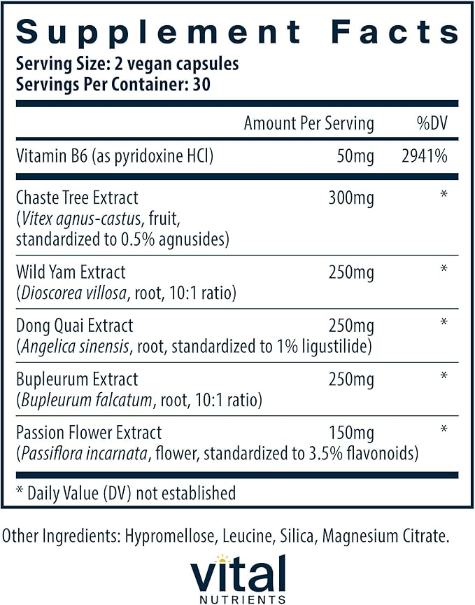 Vital Nutrients PMS Support - Vitex Berry & Passionflower Extract for Premenstrual Support & Hormone Balance* - Vitamin B6 PMS Supplements - Gluten, Dairy, Soy Free - Non-GMO - 60 Capsules
