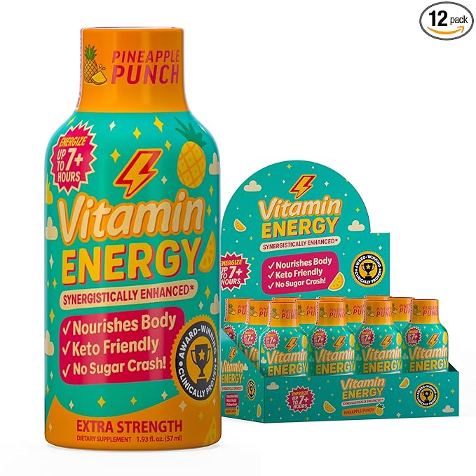 Vitamin Energy Immune+ Extra Strength Energy Shot Pineapple Punch 12 Pack, 260mg Natural Caffeine, B-Vitamins, Citicoline, Green Tea, Immunity & Focus Support, Zero Sugar, Gluten-Free 1.93 fl oz