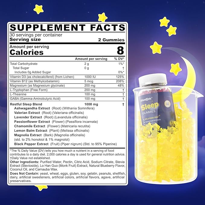 Sleep Gummies No Melatonin, Sleep Aid for Adults with Magnesium Glycinate, Melatonin Free Calm Sleeping Gummy Supplement with L-Tryptophan, L-Theanine, GABA, Ashwagandha, Valerian - Sugar Free, 120ct