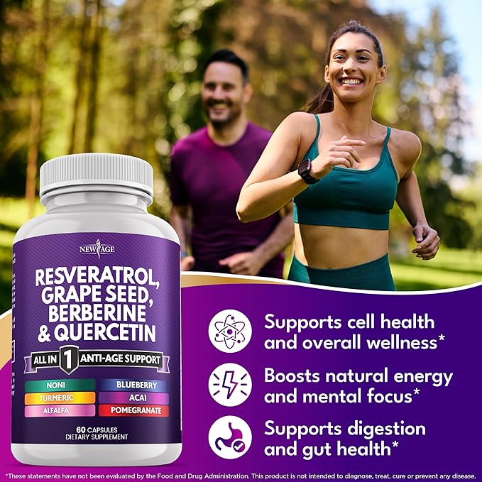 NEW AGE Resveratrol, Berberine, Grape Seed Extract, Quercetin, Supplement for Women and Men with Noni, N-Acetyl Cysteine, Acai - 120 Capsules