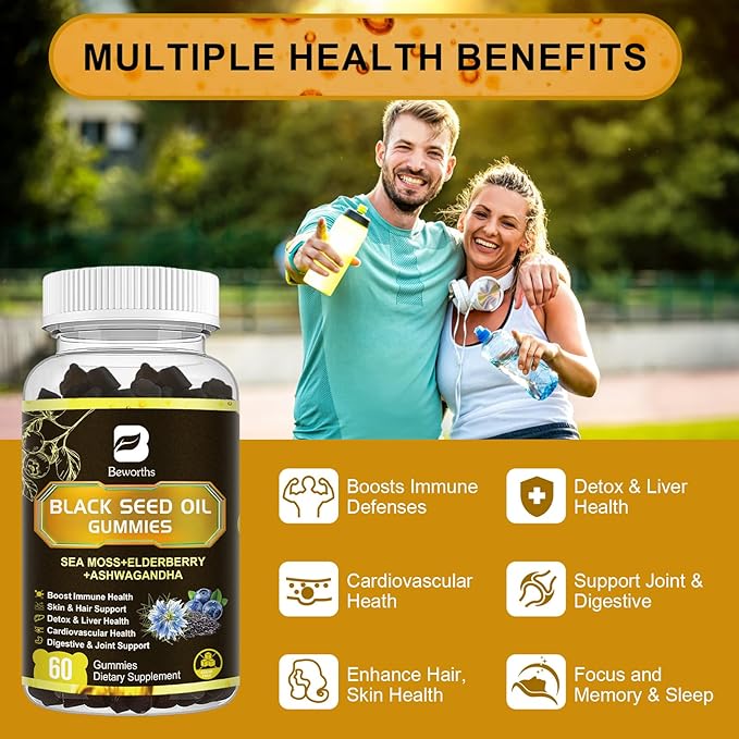 Black Seed Oil Gummies with Ashwagandha & Irish Sea Moss & Elderberry – Immune Support Supplement with Vitamin C, D3, Zinc, Nigella Sativa Black Cumin Gummy for Hair Growth & Joint Health - 60 Vegan