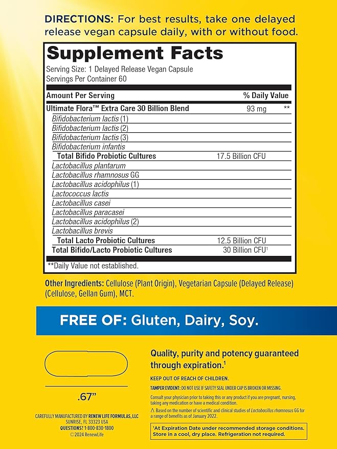 Renew Life Adult Probiotics 30 Billion CFU Guaranteed, 12 Strains, For Men & Women, Shelf Stable, Gluten Dairy & Soy Free, Ultimate Flora Extra Care, 60 Count, Pack of 1