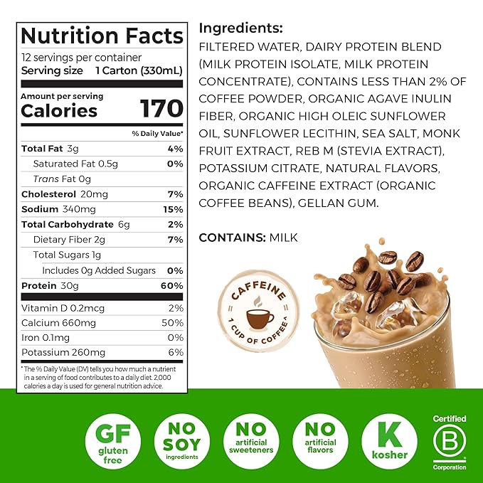 Orgain 30g High Protein Shake,Café Latte,5g BCAAs,1g Sugar Per Serving,Caffeine from 1 Cup of Coffee,Milk Isolate,Meal Replacement,Ready to Drink,Keto Friendly,Gluten-Free 11 Fl Oz,(Pack of 24)