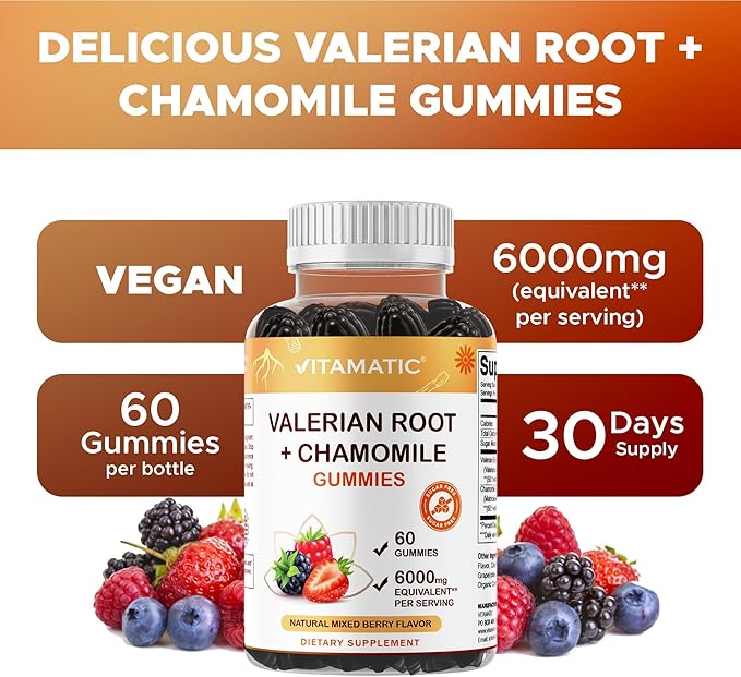 Vitamatic Valerian Root & Chamomile Gummies – Plant-Based Botanical Extract – Mixed Berry Flavor – Vegan, Non-GMO, Gluten-Free – Herbal Supplement – 60 Count