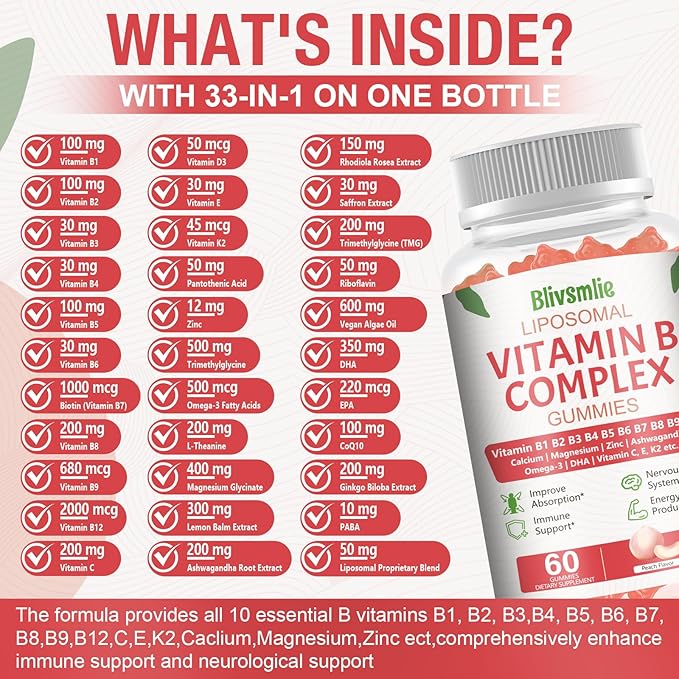 2 Pack 33-in-1 Liposomal Vitamin B Complex Gummies -B1, B2, B3, B4, B5, B6, B7, B8, B9,B12 | Vitamin C, D3,K2|Calcium,Magnesiun,Zinc etc.for Energy, Brain,Immune,Skin Support &Heart Support
