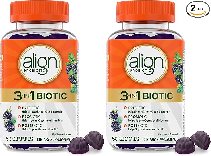 Align Probiotic,3-in-1 Biotic Gummies,Pre + Pro + Postbiotic,#1 Doctor Recommended-Probiotic Brand‡,Helps Relieve Occasional Bloating*,BlackBerry Flavor,50 Gummies,(Pack of 2)