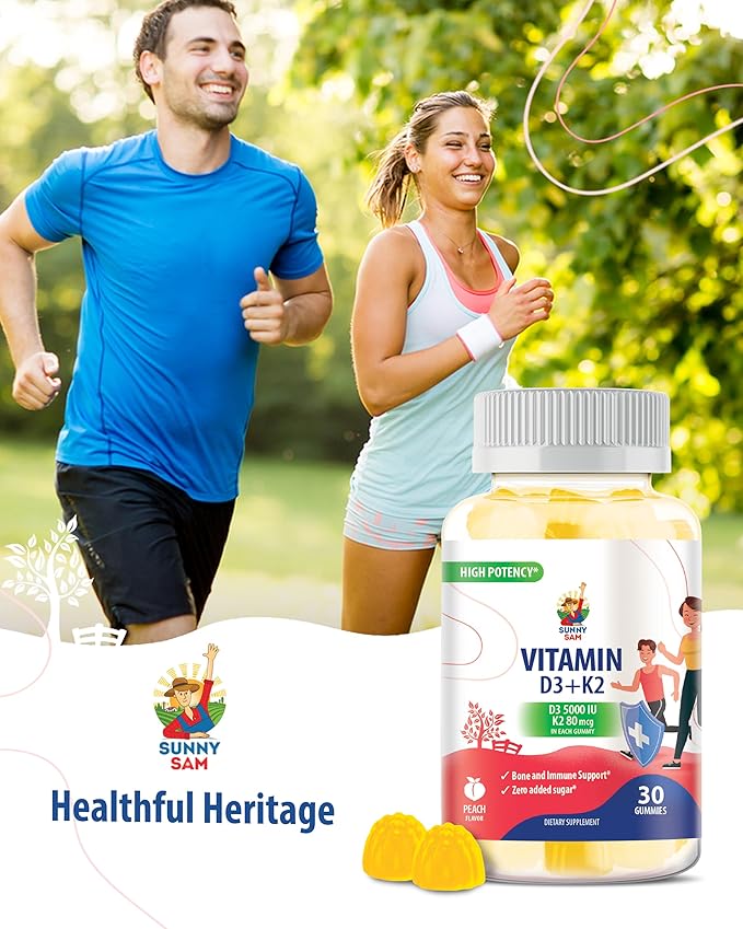 SUNNY SAM Sugar-Free Vitamin D3 K2 Gummies 5000 IU - Immune & Bone Support - Vitamin D Gummy Supplement for Adults - High-Absorption, Vegan, Halal, Gluten-Free Chewable Vitamins - 30 Count