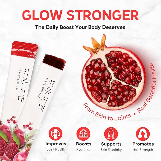 | Pomegranate Collagen Stick – 20 Sticks, 0.77oz(22g) | Korean Fruit Extract, Daily Beauty Supplement, No Sugar Added, Portable On-the-Go Sticks | 석류 콜라겐 스틱