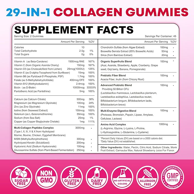 Sugar Free Collagen Gummies for Women & Men with Hydrolyzed Collagen Peptides, Biotin & Vitamin C, Multi Collagen Types I II III V X for Skin Hair Nails Digestive & Immune Health, 90 Count