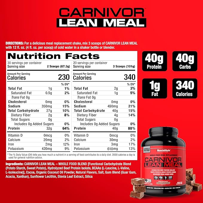 MuscleMeds CARNIVOR Lean Meal Whole Food Meal Replacement Shake, MRE, Beef Protein Isolate, White Potato, Sweet Potato, 40g Protein, 40 g Carbs, Lactose Free, Sugar Free, Chocolate Fudge 20 Servings