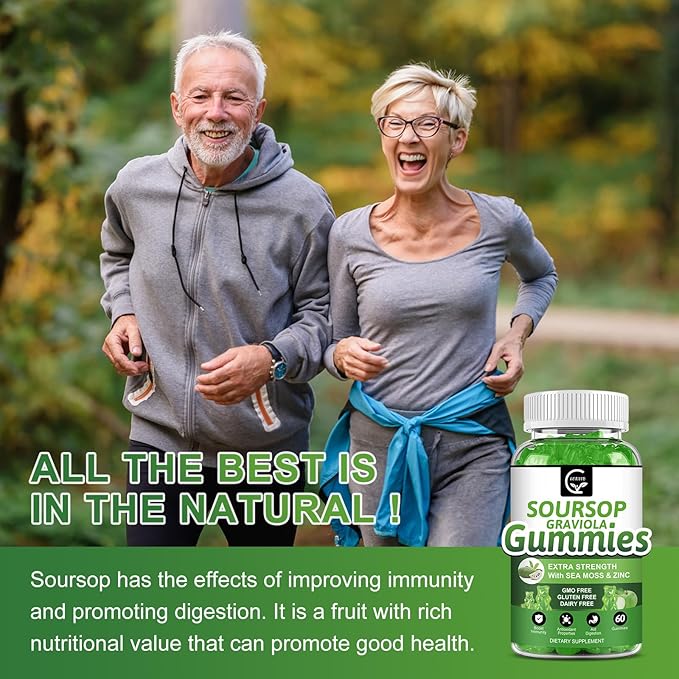 Organic Soursop Graviola Gummies - 2200mg Extra Strength Soursop Leaves Extract w/Sea Moss Extract 200mg, Zinc & Vitamin C - Supports Immunity, Liver, Zzz & Antioxidant, Gluten Free, Vegan, 60 Gummies