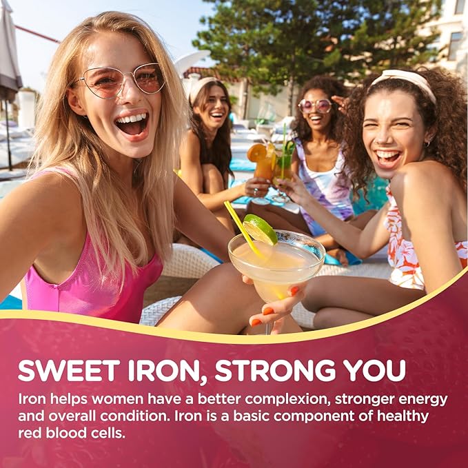 Iron Gummies for Women, Triple Iron Supplement with Multivitamin Iron Gummies with Vitamin C, A, B, Folate, Copper, Zinc for Energy & Blood Support, Immune Health, Vegan, Strawberry Flavor, 60 Counts