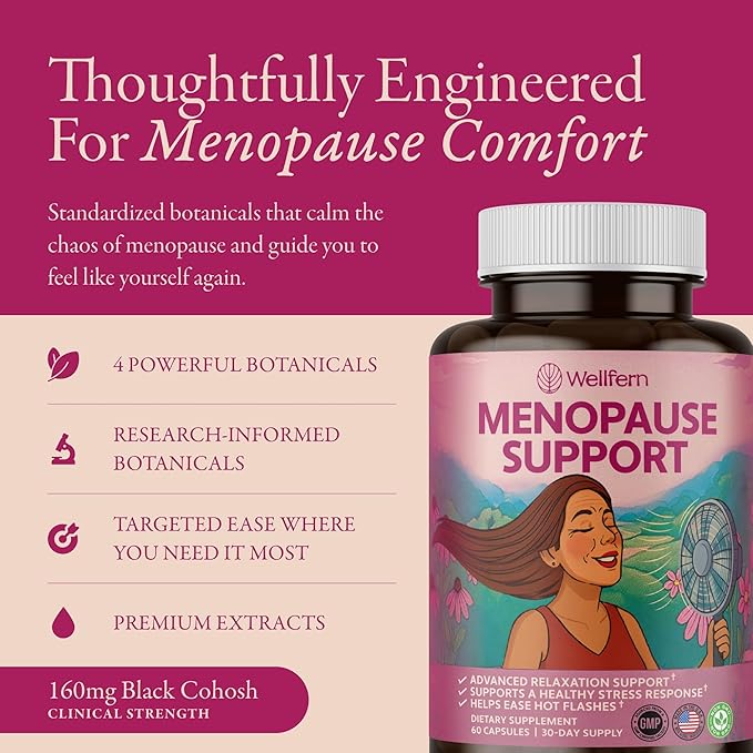 Menopause Supplements For Women | Natural Menopause Relief & Hot Flash Relief | Perimenopause Vitamins | Hormone-Free, Night Sweats & Sleep Support | Wellfern