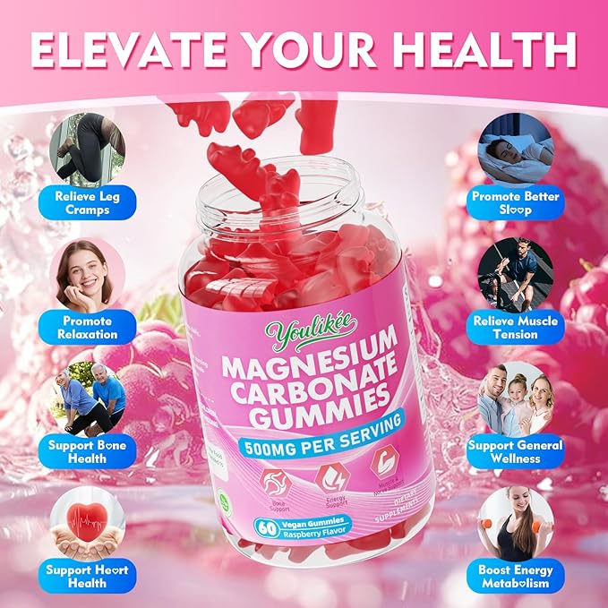 Magnesium Carbonate 500mg Gummies, High Absorption Magnesium Supplement for Adults - Support Muscle Function, Vegan, Sugar Free, Raspberry Flavor, 60 Count