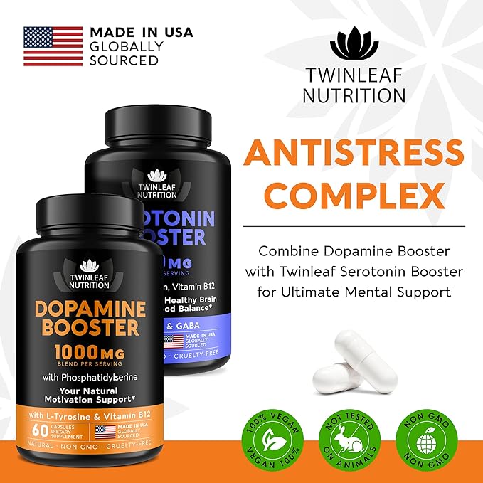 TWINLEAF NUTRITION Dopamine Brain Support Supplement, 1000 mg Blend - Made in USA - with DMAE, Vitamin B12 and L-Tyrosine - Enhance Mental Well-Being - 60 Capsules