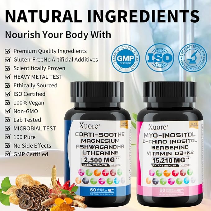 cortisol & myo-inositol Supplement Bundle with ashwagandha, Magnesium, l-theanine, d-Chiro inositol, folate, Berberine, chasteberry for Stress Relief & Balance