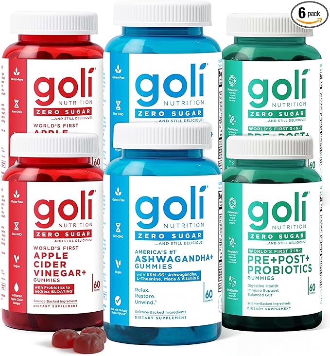 Goli Zero Sugar 6 Pack Bundle - World's First 3-in-1 Pre, Post, Probiotic, Apple Cider Vinegar with Vitamin B12 and Probiotics to Address Bloating, Ashwagandha & L-Theanine, Vitamin D Gummies