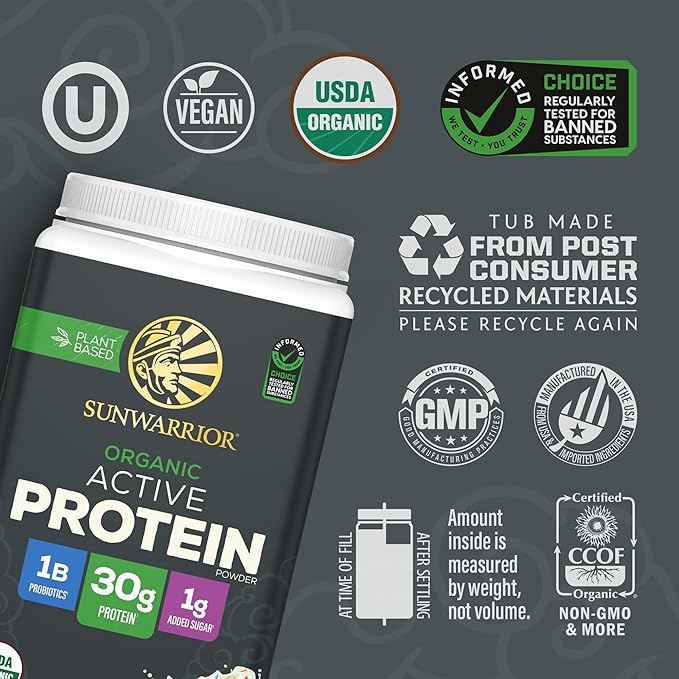 Sunwarrior Organic Plant Based Protein Powder | Vegan Organic Protein Powder with BCAA Amino Acids Plus Recovery Minerals & Botanicals | Non-GMO Soy Dairy & Gluten Free (Cake Batter, 20 Servings)