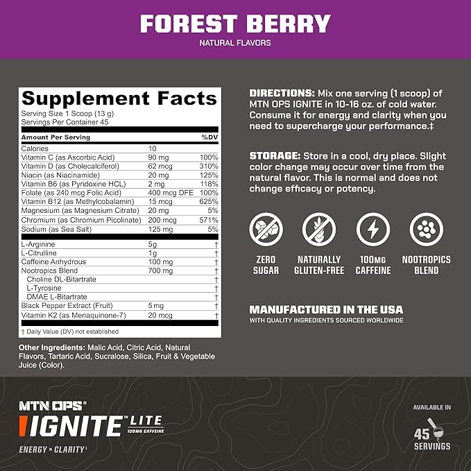MTN OPS Ignite Lite Sugar Free Energy Drink Powder with 100mg Caffeine, Nootropic Blend for Energy & Focus, L Arginine & L Citrulline for Endurance, 45 Servings, Forest Berry