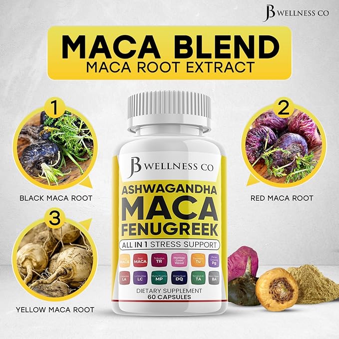 JB Wellness Co Ashwagandha Maca Root, Fenugreek Supplement with Tongkat Ali Ginseng - Assists with Mood & Thyroid Health - 60 Count