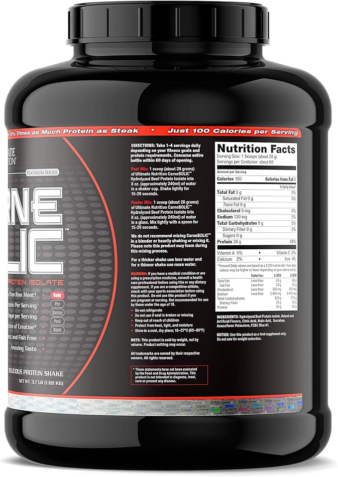 Ultimate Nutrition Carnebolic Hydrolyzed Beef Protein Isolate Powder-Paleo and Keto Friendly-Zero Carbs, Zero Fat, Zero Sugar or Soy, Gluten and Lactose-Free, Blue Raspberry, 60 Servings