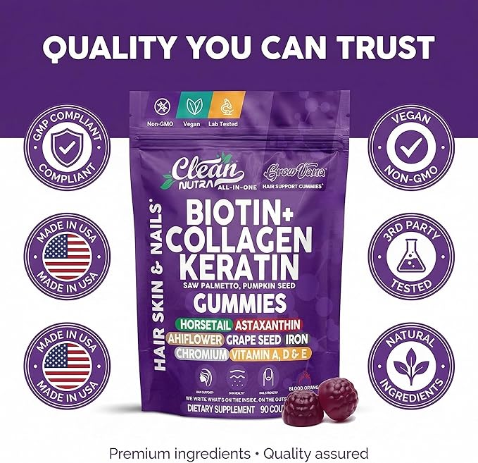 GrowVana Hair Growth Gummies for Women Biotin Collagen Keratin Saw Palmetto Horsetail Astaxanthin Iron Zinc Pantothenic Acid Vitamin A D E Pumpkin Seed Ahiflower MSM Supplement by Clean Nutra 90 Count