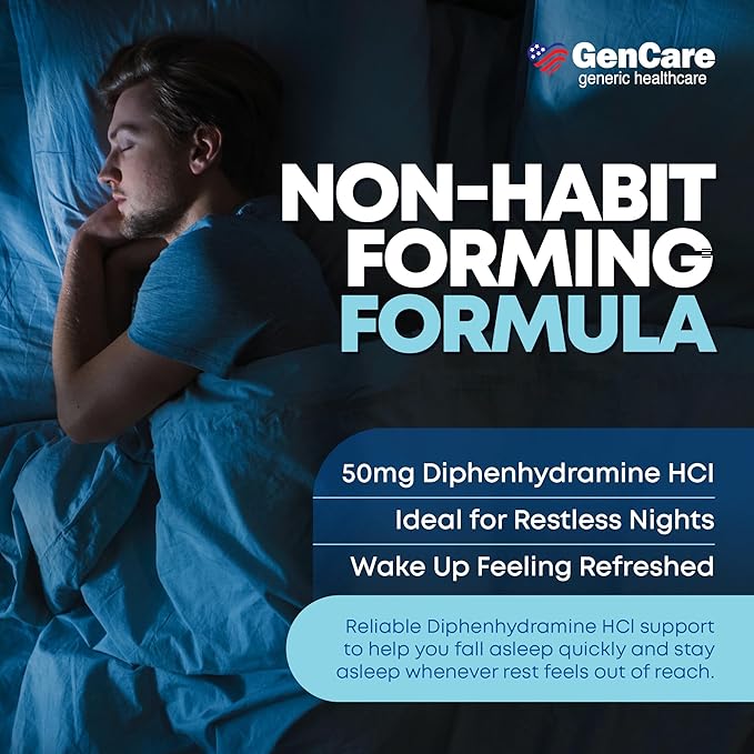 GenCare Maximum Strength Nighttime Sleep Aid Supplement for Adults Deep Sleep Pills with Diphenhydramine HCl 50mg to Fall Asleep Faster- Strong Non-Habit Forming PM Sleeping [96 Softgels] (Pack of 2)