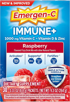 Emergen-C Immune+ Triple Action Immune Support Powder, BetaVia (R), 1000mg Vitamin C, B Vitamins, Vitamin D and Antioxidants, Raspberry – 30 Count