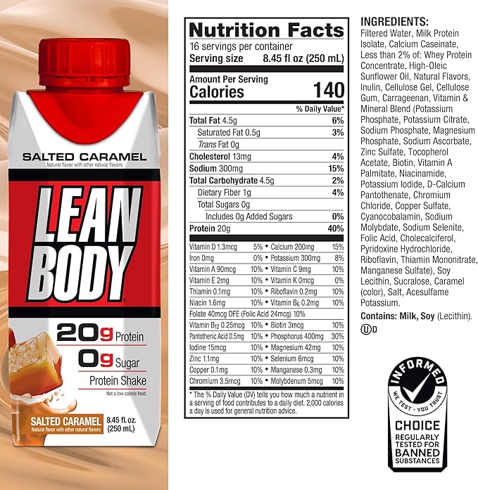 LABRADA NUTRITION - Lean Body RTD Whey Protein Shake, Convenient On-The-Go Meal Replacement Shake for Men & Women, 20 grams of Protein – Zero Sugar, Lactose & Gluten Free, Salted Caramel (Pack of 16)