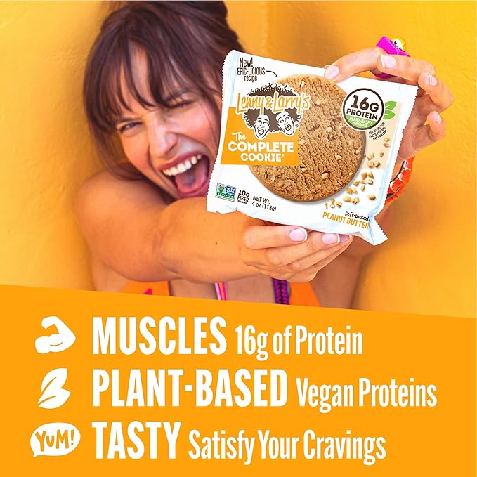Lenny & Larry's Complete Protein Cookie, [Peanut Butter], Chewy Soft Baked, 16g Plant Protein, Vegan, Non-GMO, High Fiber, [4 Ounce] Cookie (Pack of 12)