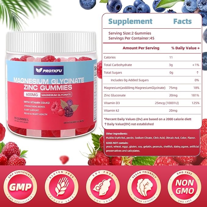 90 CT Magnesium Glycinate Gummies 600mg, Sugar Free Magnesium Gummies w/Zinc & Vitamin D3 - Magnesium Supplements for Sleep, Supports Bone Health, Nerve & Immune Function