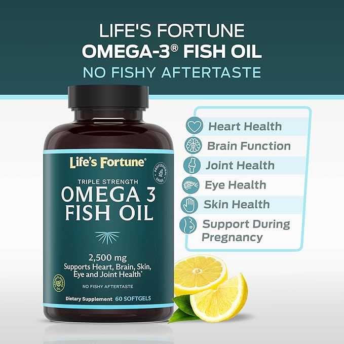 Life's Fortune Fish Oil Omega 3 Concentrate Supplement 2500 mg, 60 Softgels, High Potency, EPA & DHA Fatty Acid - Heart, Brain, Skin, Joints - Non GMO