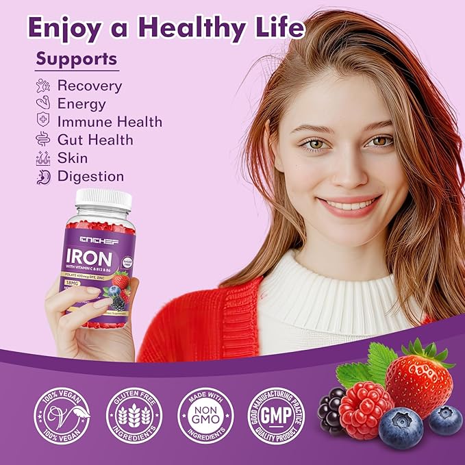Iron Supplement for Women & Men Gummies, Multivitamin Blood Builder Iron Supplement with Folate Vitamin C B12 B6 Zinc for Adults & Kids - Energy Support - Mixed Berry Flavor, Vegan 60 Gummies