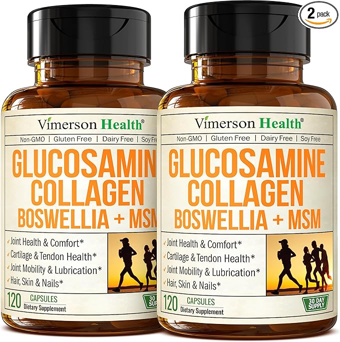 Glucosamine Chondroitin MSM with Hydrolyzed Collagen Peptides - Joint Support Supplement with Quercetin, Bromelain & Boswellia Extract - Collagen pills for Hair Skin Nails - FSA Eligible 2 Pack
