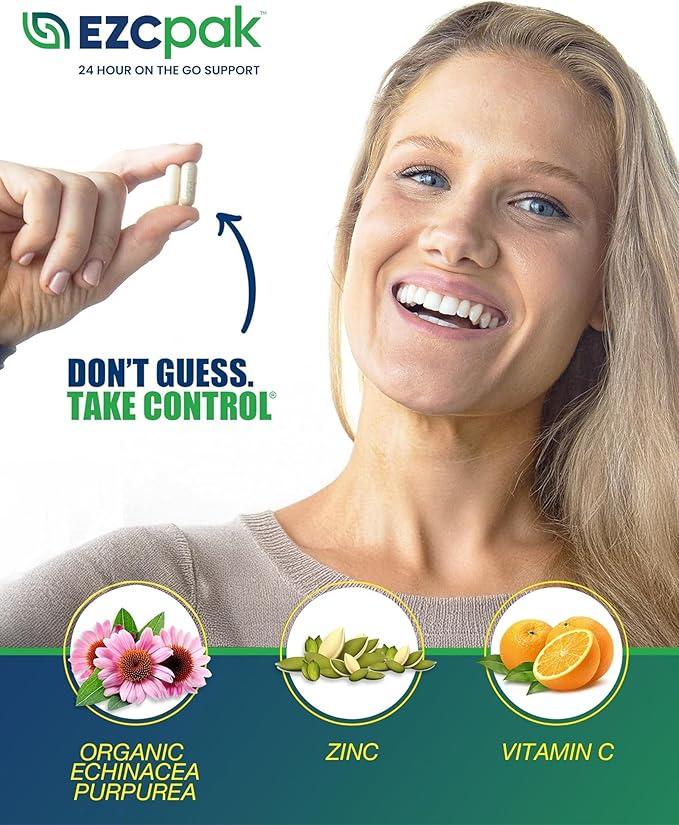 EZC Pak On The Go Immune System Booster with Echinacea, Vitamin C, Zinc, Immune Support Supplement, Immunity Vitamins for Adults, Travel-Friendly Packaging, Vegetarian, Gluten-Free