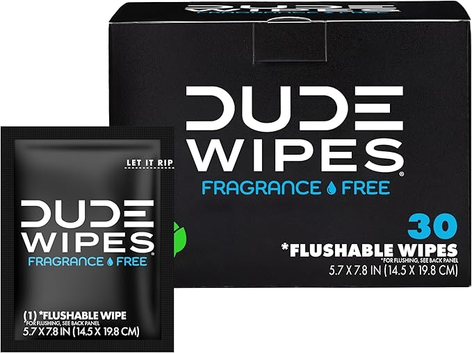 DUDE Wipes On-The-Go Unscented Travel Wipes - 30 Count (Individually Wrapped) - Extra-Large Adult Flushable Wipes for Sensitive Skin - Infused with Vitamin E and Aloe - Septic and Sewer Safe