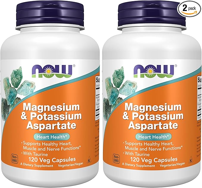 NOW Foods Supplements, Magnesium & Potassium Aspartate with Taurine, Heart Health*, 120 Veg Capsules,(Pack of 2)