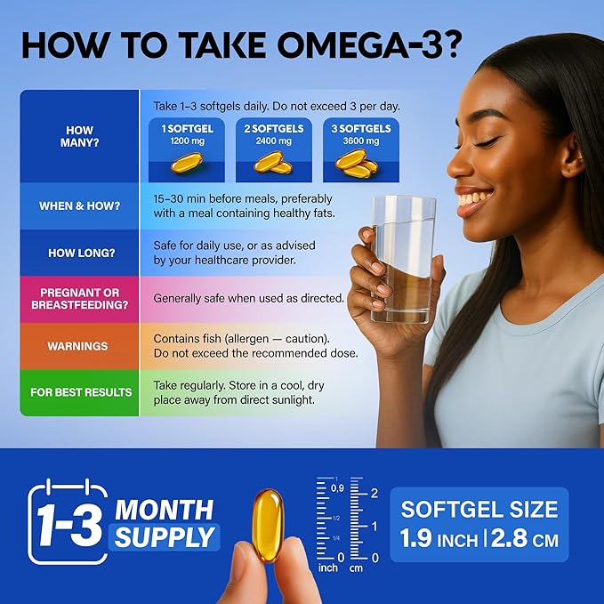Omega 3 Fish Oil 3600 mg - Omega 3 Supplement | EPA & DHA - Heavy Metals Free - Heart, Brain & Joint Support - Purified Fish Oil for Men & Women - Lemon Flavored - Made in USA, 90 Softgels