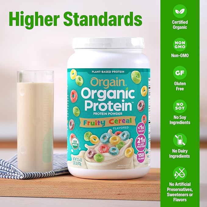 Orgain Organic Vegan Protein Powder, Fruity Cereal - 21g Plant Based Protein, 8g Prebiotic Fiber, Low Net Carb, No Lactose Ingredients, No Added Sugar, Non-GMO, For Shakes & Smoothies, 2.03 lb