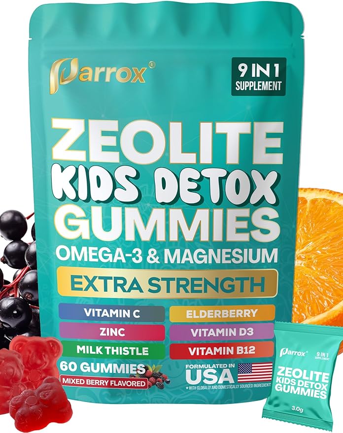 Zeolite Kids Gummies, 9-in-1 with Zeolite, Omega-3, Magnesium, Elderberry, Vitamin C, Milk Thistle, Vitamin D3, Zinc, B12 – Sugar-Free (60 Gummies – Mixed Berry Flavor)
