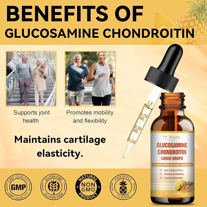 Totaria Glucosamine Chondroitin MSM Liquid Drops FSA-HSA - Joint Support Supplement for Mobility, Flexibility & Bones Chondroitin Sulfate Supplement Turmeric, Quercetin, Bromelain, MSM Oil 2 FL.OZ